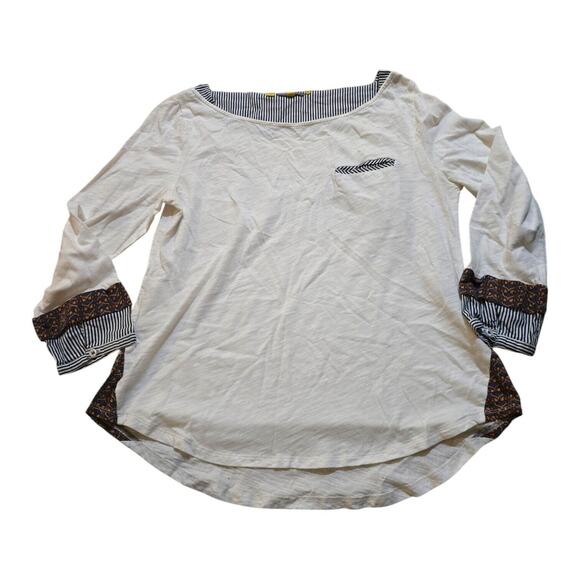 anthropologie little yellow button boat neck white blouse pocket tee SZ M - Picture 1 of 5